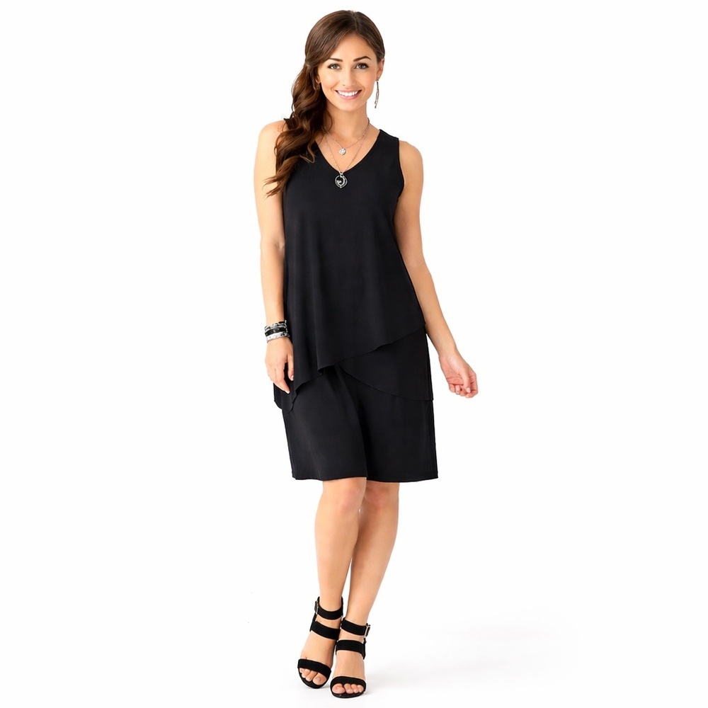 Susan Graver Black Liquid Knit Sleeveless V Neck Layered Shift Dress M Tiered Sz